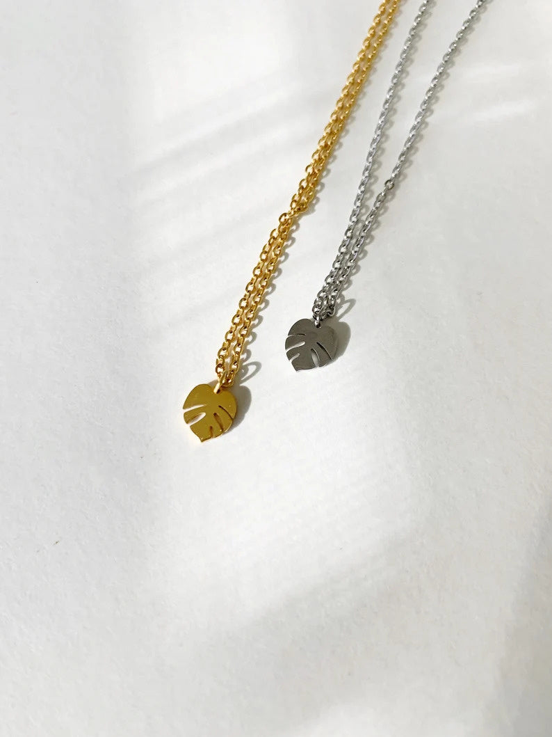 Tiny Charm Plant Necklace Gold Plated Monstera Deliciosa